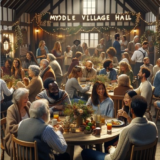 A lively gathering in a village hall, with people enjoying food and drinks together.