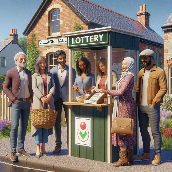 A diverse group of people stands at a village lottery kiosk in a scenic setting.